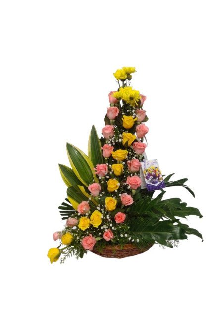 Pink and Yellow Roses Basket
