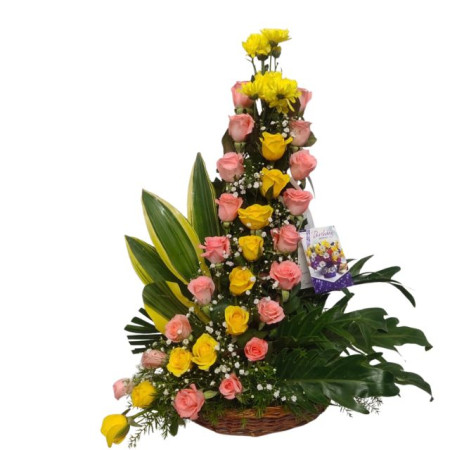 Pink and Yellow Roses Basket