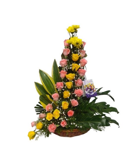 Pink and Yellow Roses Basket