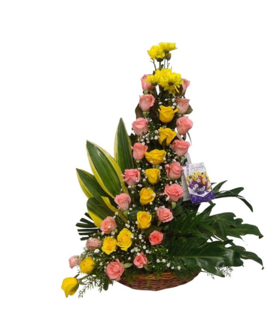 Pink and Yellow Roses Basket