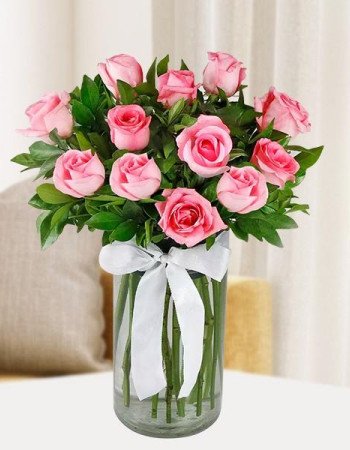 Magical Pink Roses - 12 Roses With Vase