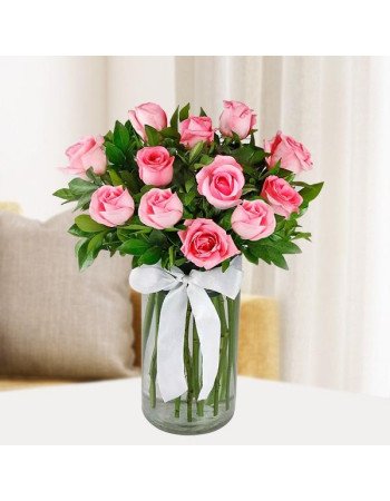 Magical Pink Roses - 12 Roses With Vase