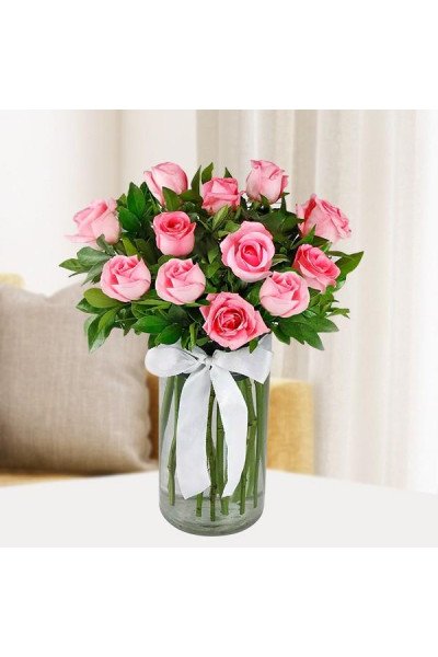 Magical Pink Roses - 12 Roses With Vase