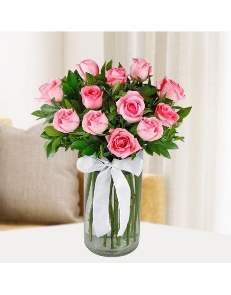 Magical Pink Roses - 12 Roses With Vase