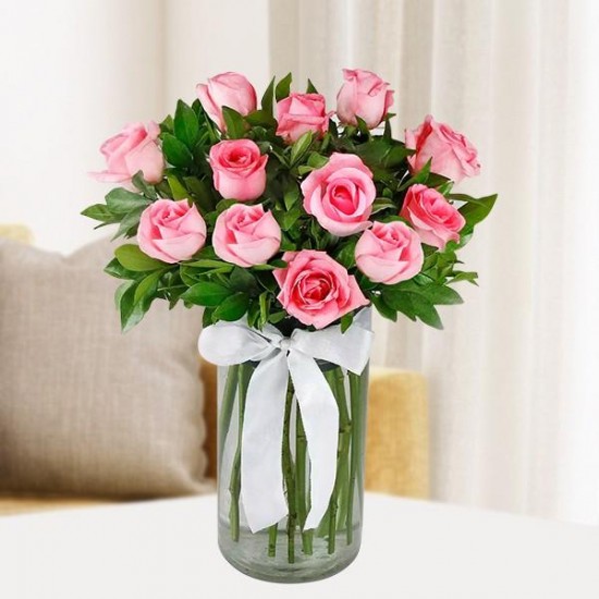 Magical Pink Roses - 12 Roses With Vase