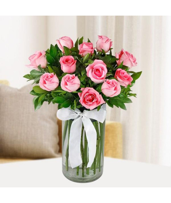 Magical Pink Roses - 12 Roses With Vase