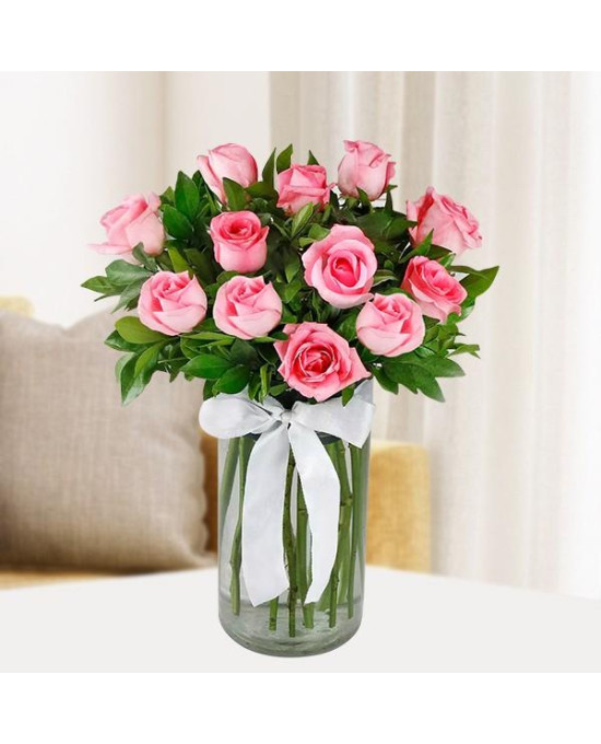 Magical Pink Roses - 12 Roses With Vase