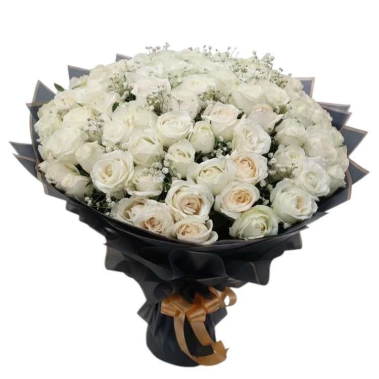 100 fresh white roses luxury bouquet with black wrapping paper and gold ribbon hyderabad delivery
