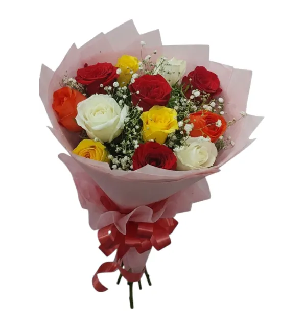 12 mix roses hand bouquet with red yellow orange and white roses for flower delivery in Hyderabad