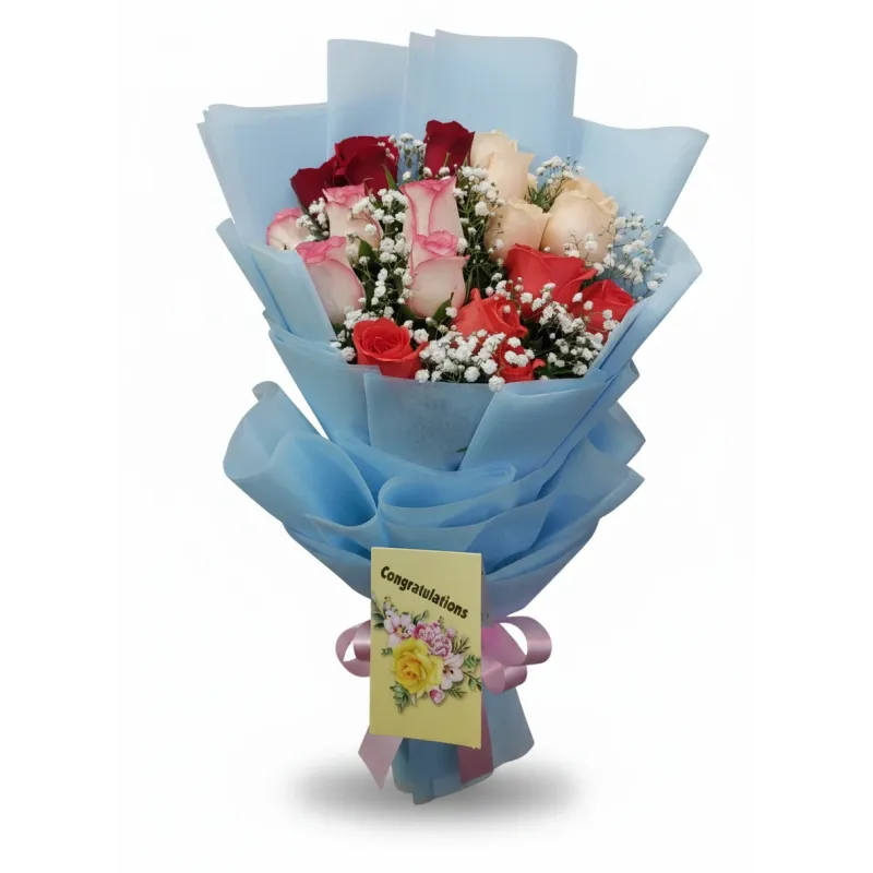 20 mix roses hand bouquet with red yellow orange and white roses for flower delivery in Hyderabad