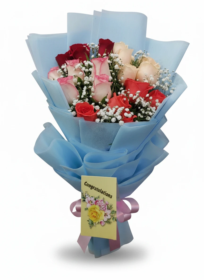 20 Mix Roses Hand Bouquet – Colorful Fresh Rose Bouquet for Same Day Delivery in Hyderabad