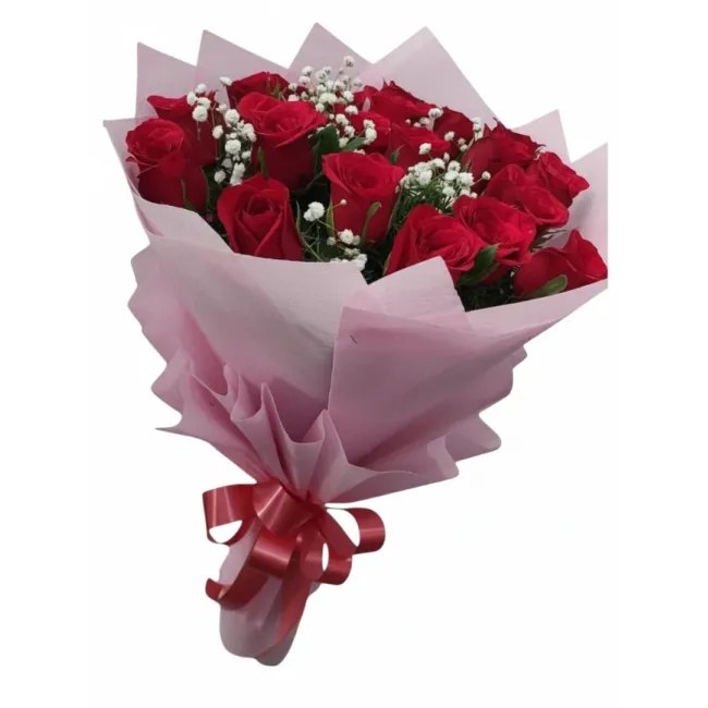 20 fresh red roses bouquet with white gypsophila wrapped in soft pink paper and red ribbon hyderabad delivery