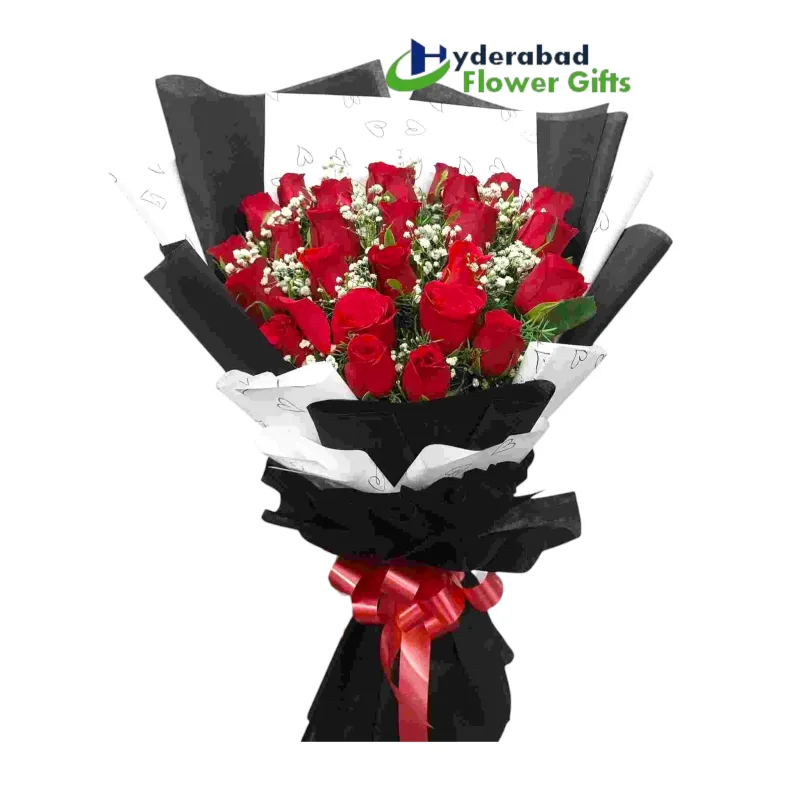 20 Red Roses Premium Hand Bouquet with Black and Gold Wrapping
