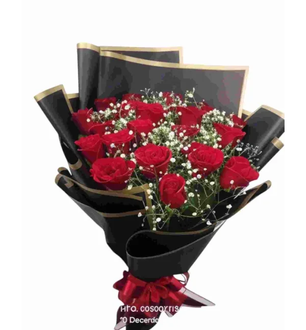 20 Red Roses Premium Hand Bouquet with Black and Gold Wrapping