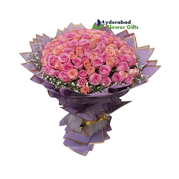 Premium pink and peach rose bouquet with purple wrapping in Hyderabad