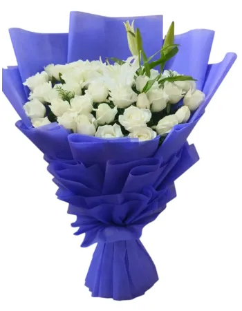 40 White Roses with Lilies Elegant Blue Wrap Bouquet