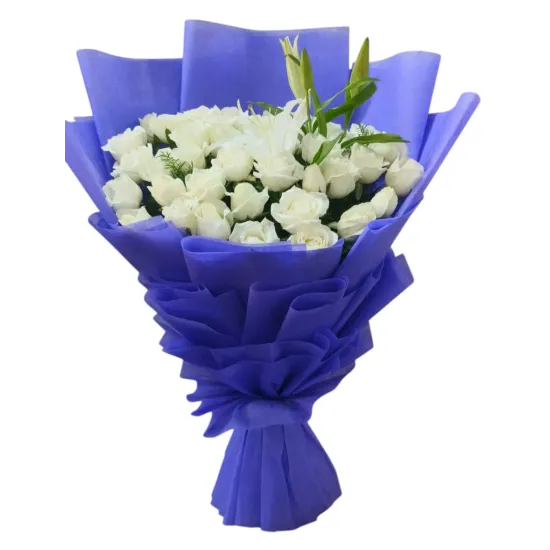 40 White Roses with Lilies Elegant Blue Wrap Bouquet