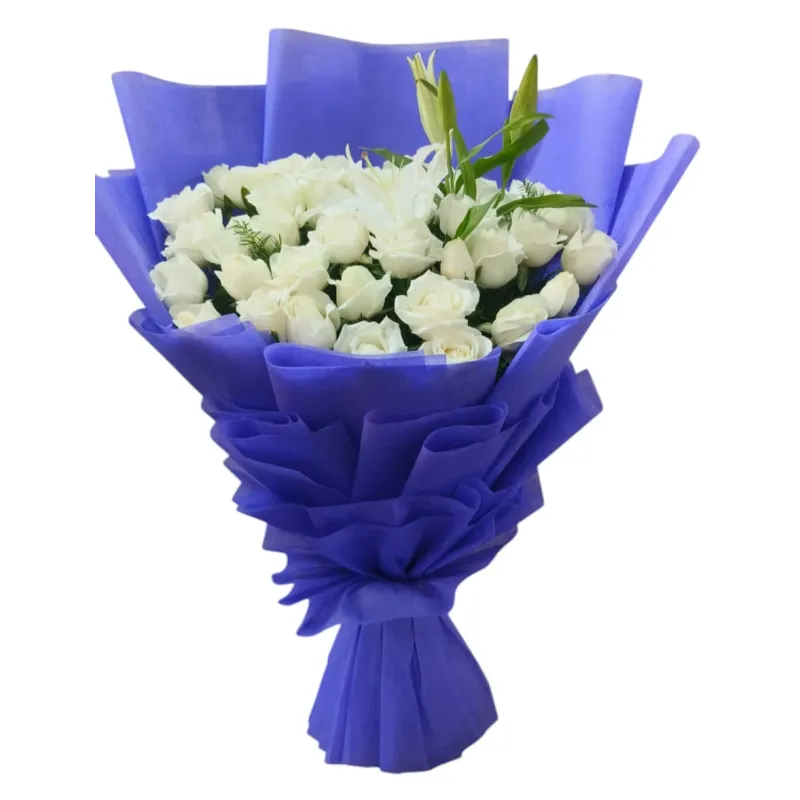 40 fresh white roses and lilies hand bouquet wrapped in royal blue paper hyderabad delivery