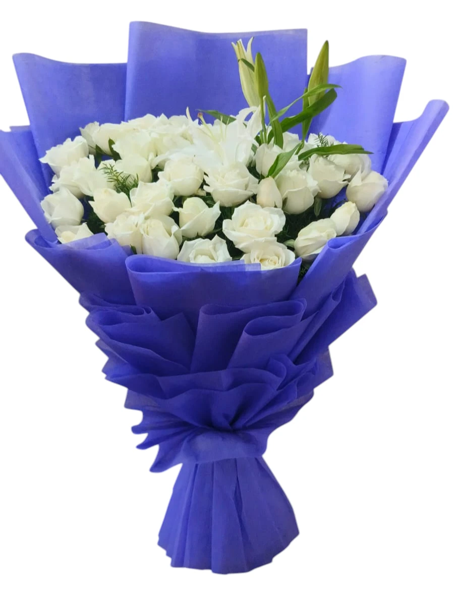 40 White Roses with Lilies Elegant Blue Wrap Bouquet