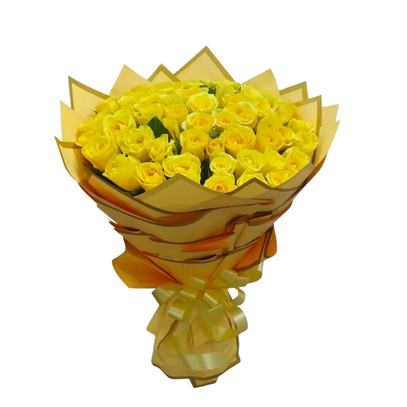 grand bouquet of fresh yellow roses wrapped in luxury golden yellow paper hyderabad delivery