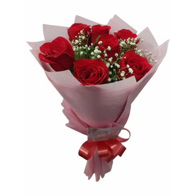8 fresh red roses bouquet with white gypsophila wrapped in soft pink paper and red ribbon hyderabad delivery