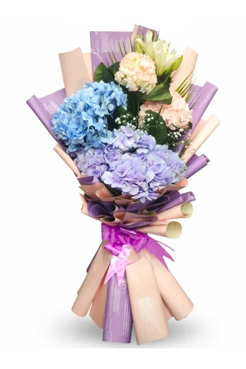 Exotic Mixed Hydrangeas & Lily Luxury Hand Bouquet