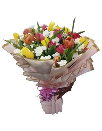 Vibrant Mixed Tulips & White Carnations Luxury Hand Bouquet