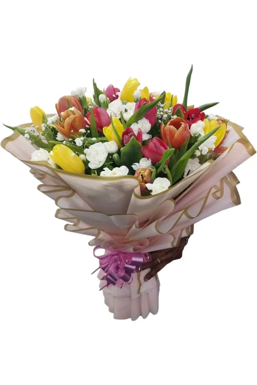 Vibrant Mixed Tulips & White Carnations Luxury Hand Bouquet