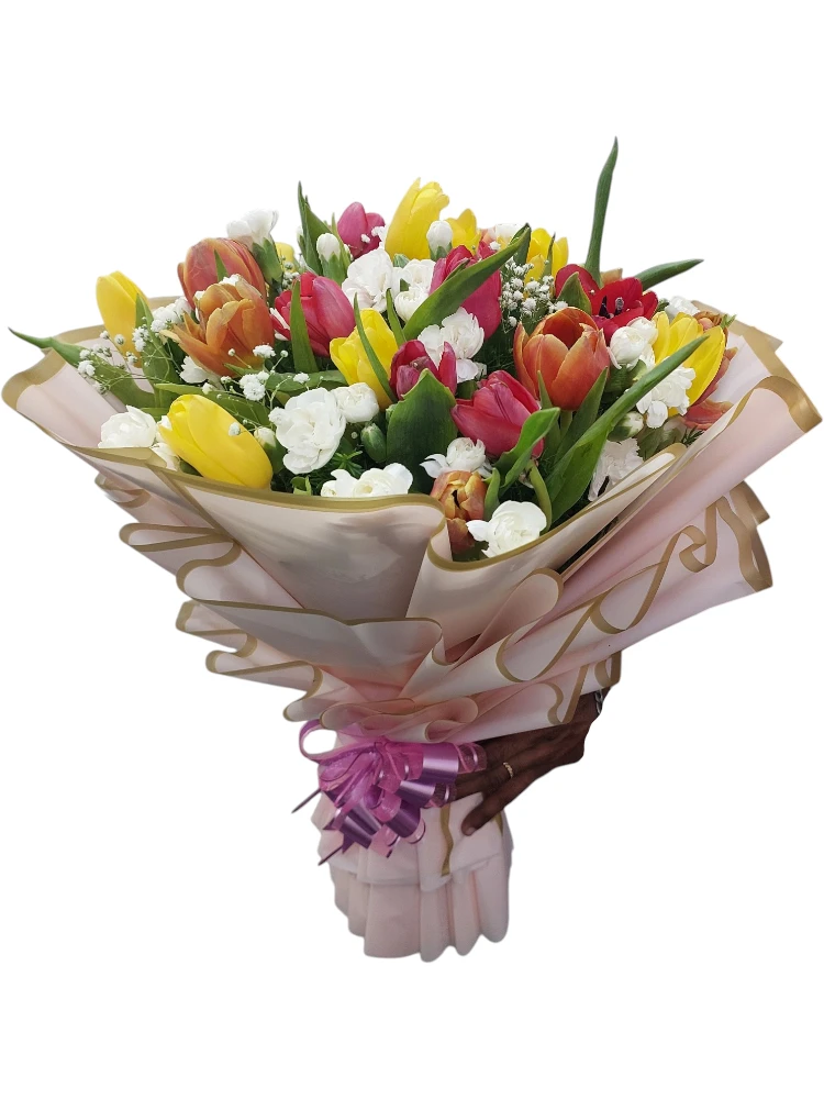Vibrant Mixed Tulips & White Carnations Luxury Hand Bouquet