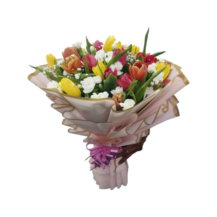vibrant mixed yellow pink and orange tulips bouquet with white carnations hyderabad delivery