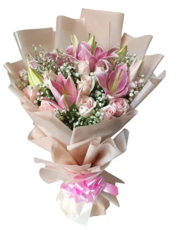 Premium Pink Oriental Lilies & Roses Hand Bouquet