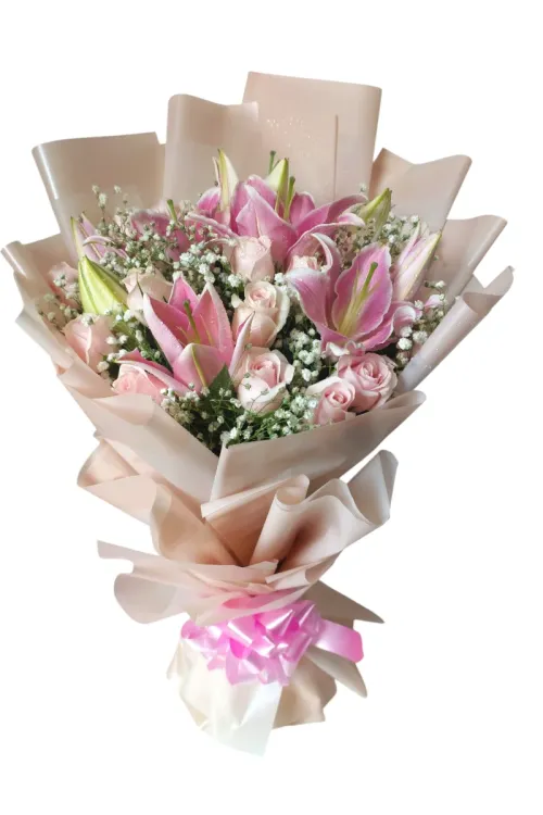 Premium Pink Oriental Lilies & Roses Hand Bouquet