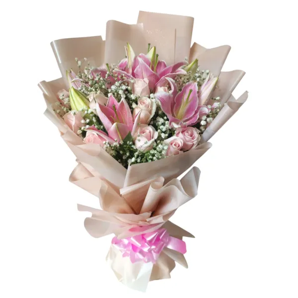Premium Pink Oriental Lilies & Roses Hand Bouquet