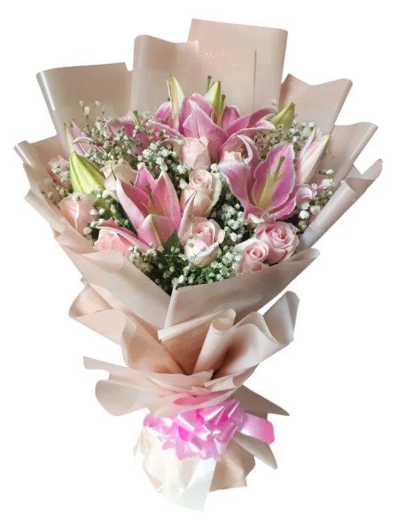 Premium Pink Oriental Lilies & Roses Hand Bouquet