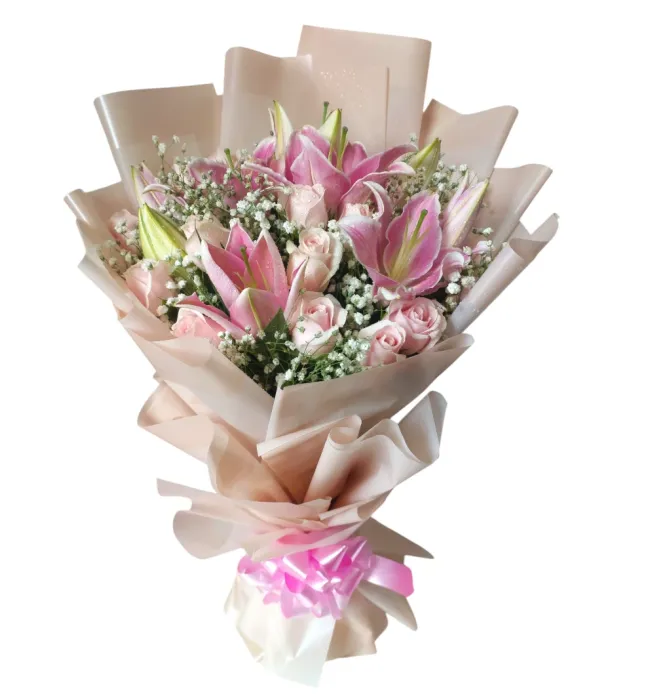 Premium pink oriental lilies and roses hand bouquet with elegant wrapping