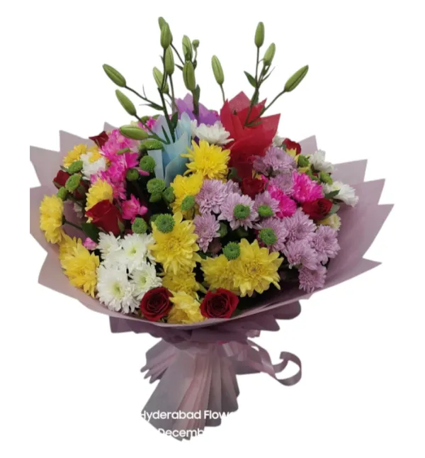 Premium mixed chrysanthemums and roses hand bouquet in Hyderabad