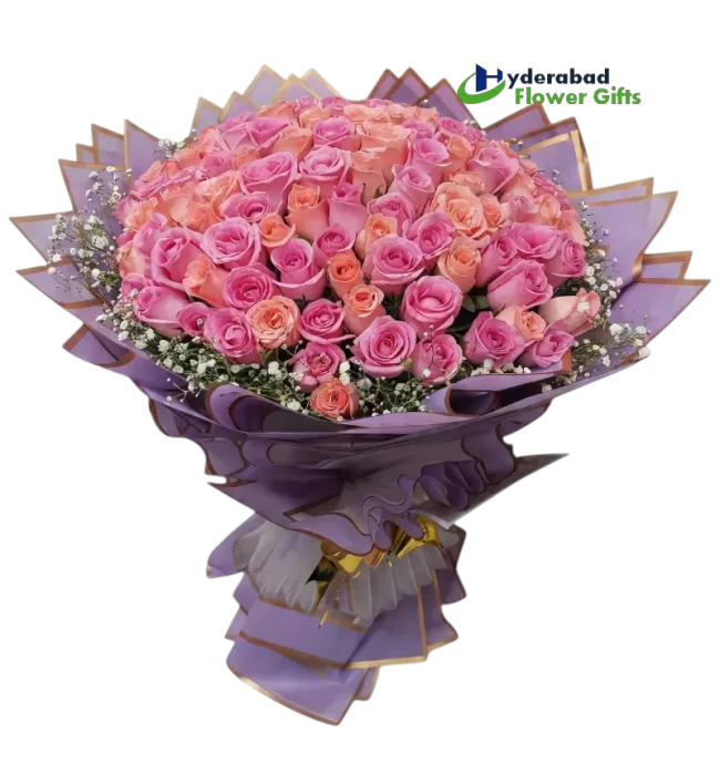 Premium pink and peach rose bouquet with purple wrapping in Hyderabad