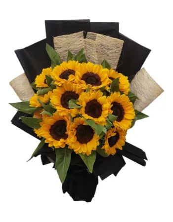 Vibrant Fresh Sunflowers Luxury Hand Bouquet in Black & Jute Wrap