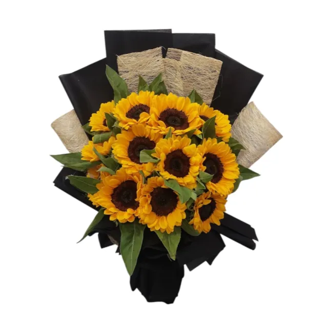 fresh vibrant sunflower bouquet wrapped in black designer paper and textured jute mesh hyderabad delivery