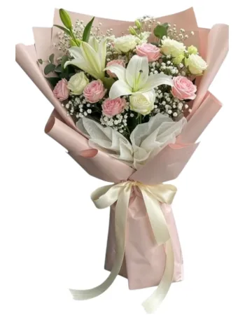 White Lilies & Pastel Pink Rose Hand Bouquet