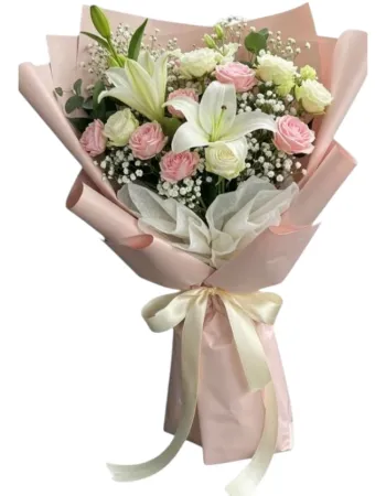 White Lilies & Pastel Pink Rose Hand Bouquet