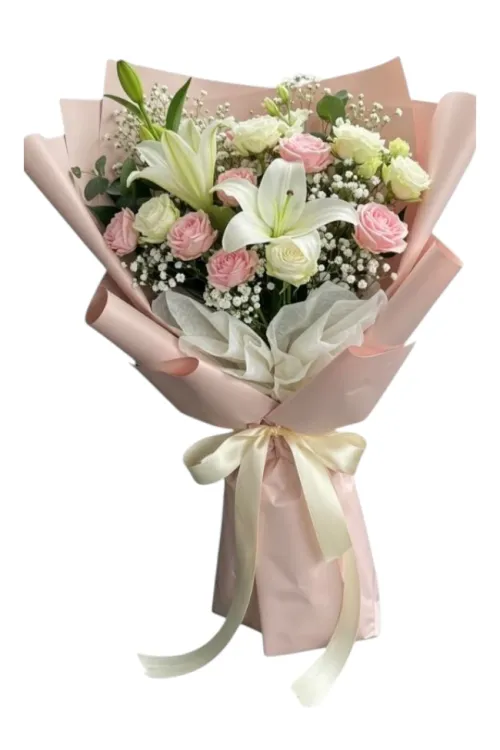 White Lilies & Pastel Pink Rose Hand Bouquet