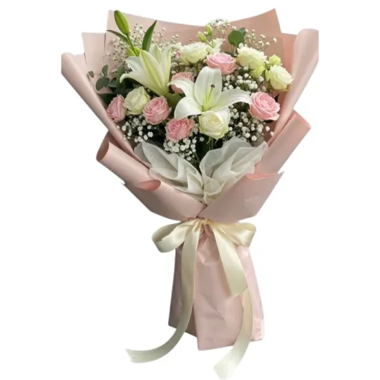 White Lilies & Pastel Pink Rose Hand Bouquet