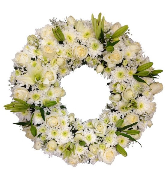 Premium white rose and lily floral wreath arrangement