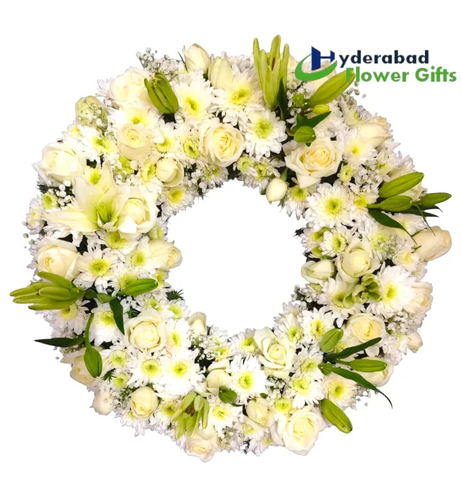 Premium white rose and lily floral wreath arrangement