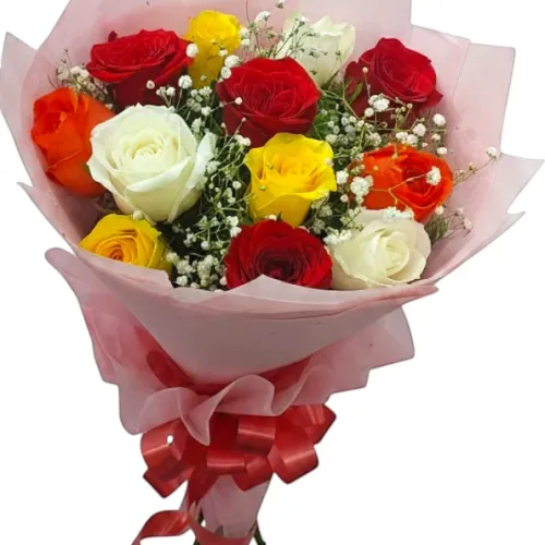 12 Mix Roses Hand Bouquet – Colorful Fresh Rose Bouquet for Same Day Delivery in Hyderabad