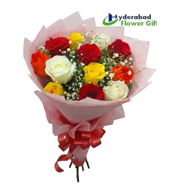 12 mix roses hand bouquet with red yellow orange and white roses for flower delivery in Hyderabad