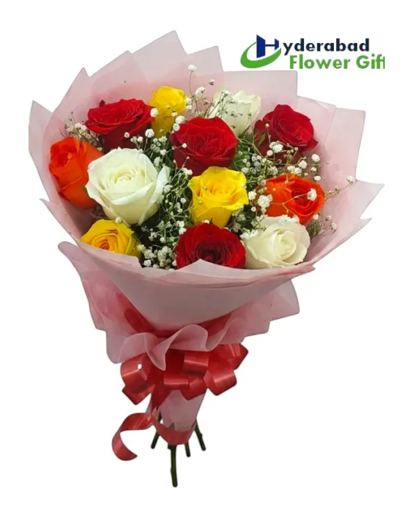 12 Mix Roses Hand Bouquet – Colorful Fresh Rose Bouquet for Same Day Delivery in Hyderabad