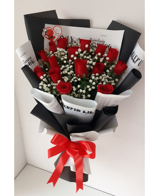 Scarlet Charm – 20 Red Roses Flat Bunch (Korean Wrap)