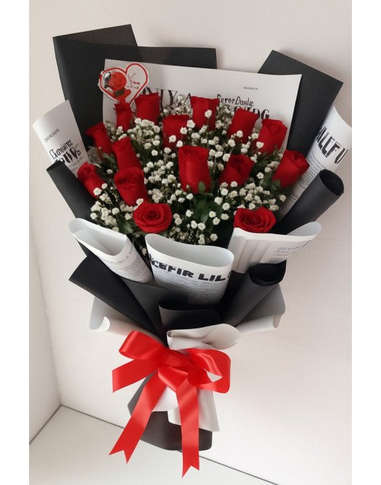 Scarlet Charm – 20 Red Roses Flat Bunch (Korean Wrap)